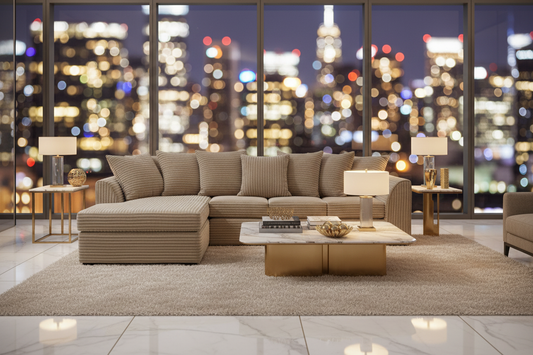 Caramel Byron LHC Corner Sofa Blurred Night View