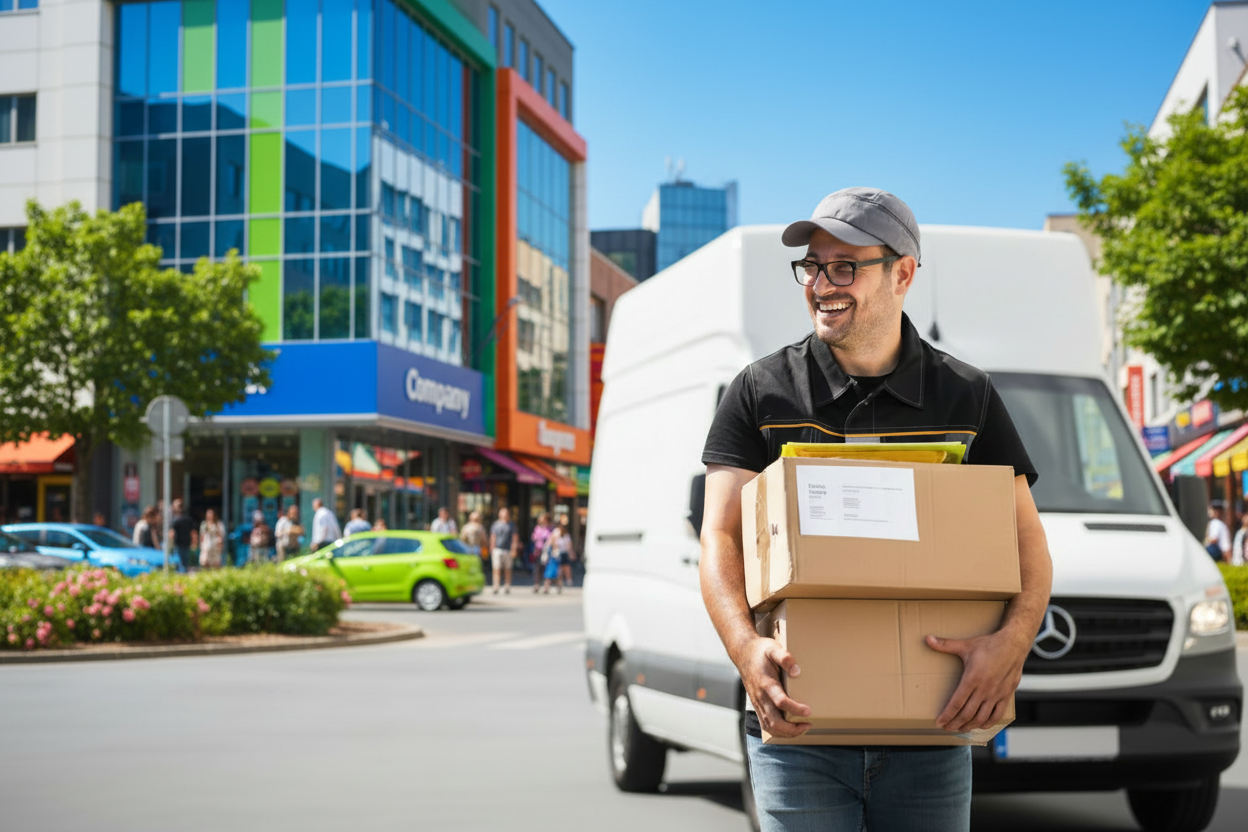 Delivery person with colorful outdoor background