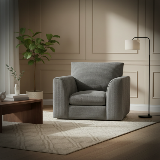 Gray armchair in a modern living room with a wooden coffee table and decorative items.