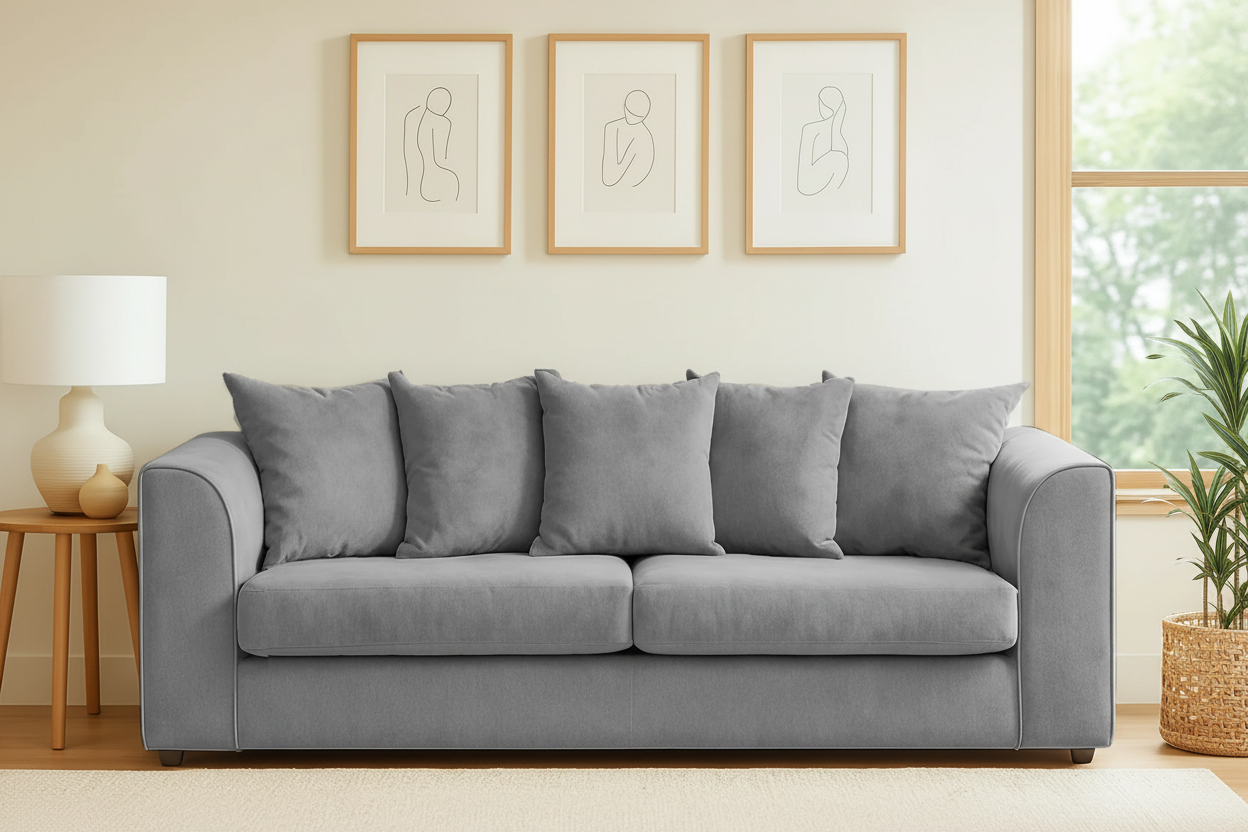 Grey chenille 3-seater sofa in minimal Scandinavian interior