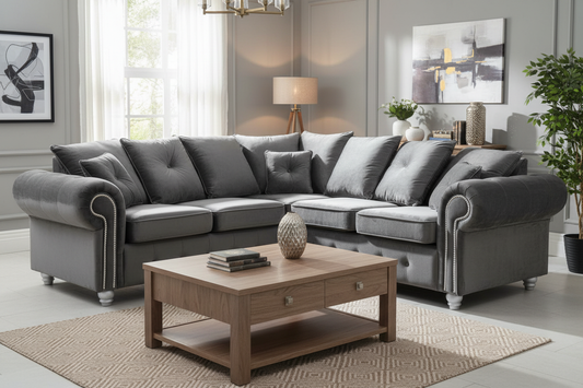 Grey Velvet Corner Sofa in Living Room - Front View