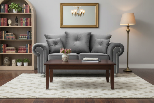 Grey Velvet Sofa in Room - Front View