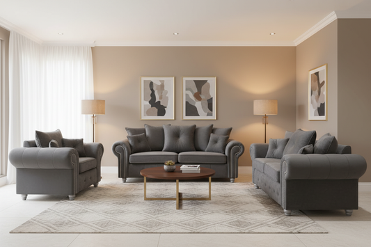 Grey Velvet Sofa Set in Living Room - Front View