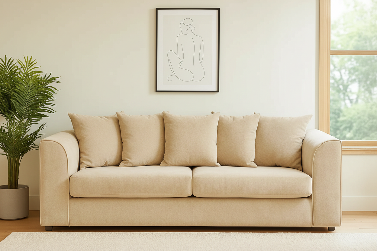 Beige chenille 3-seater sofa in minimal Scandinavian interior