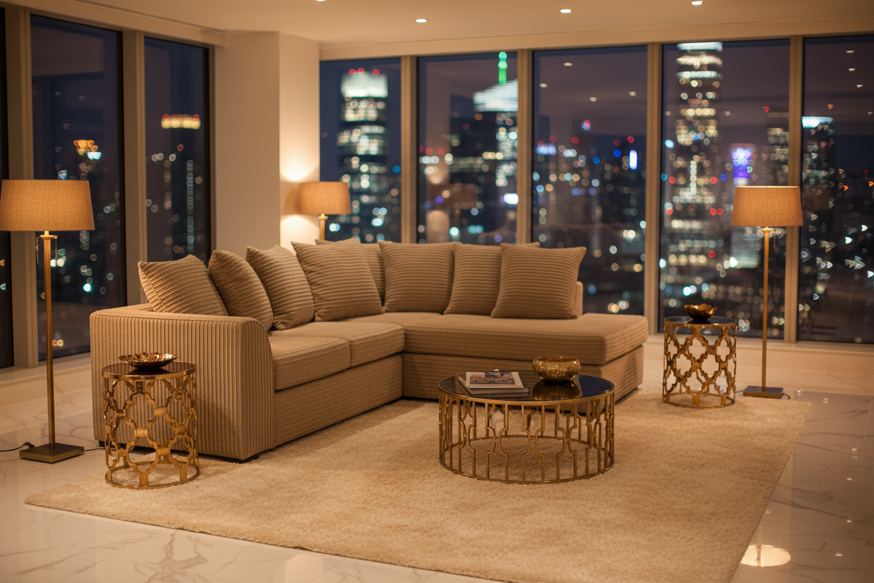 Caramel Byron Corner Sofa Blurred Night View