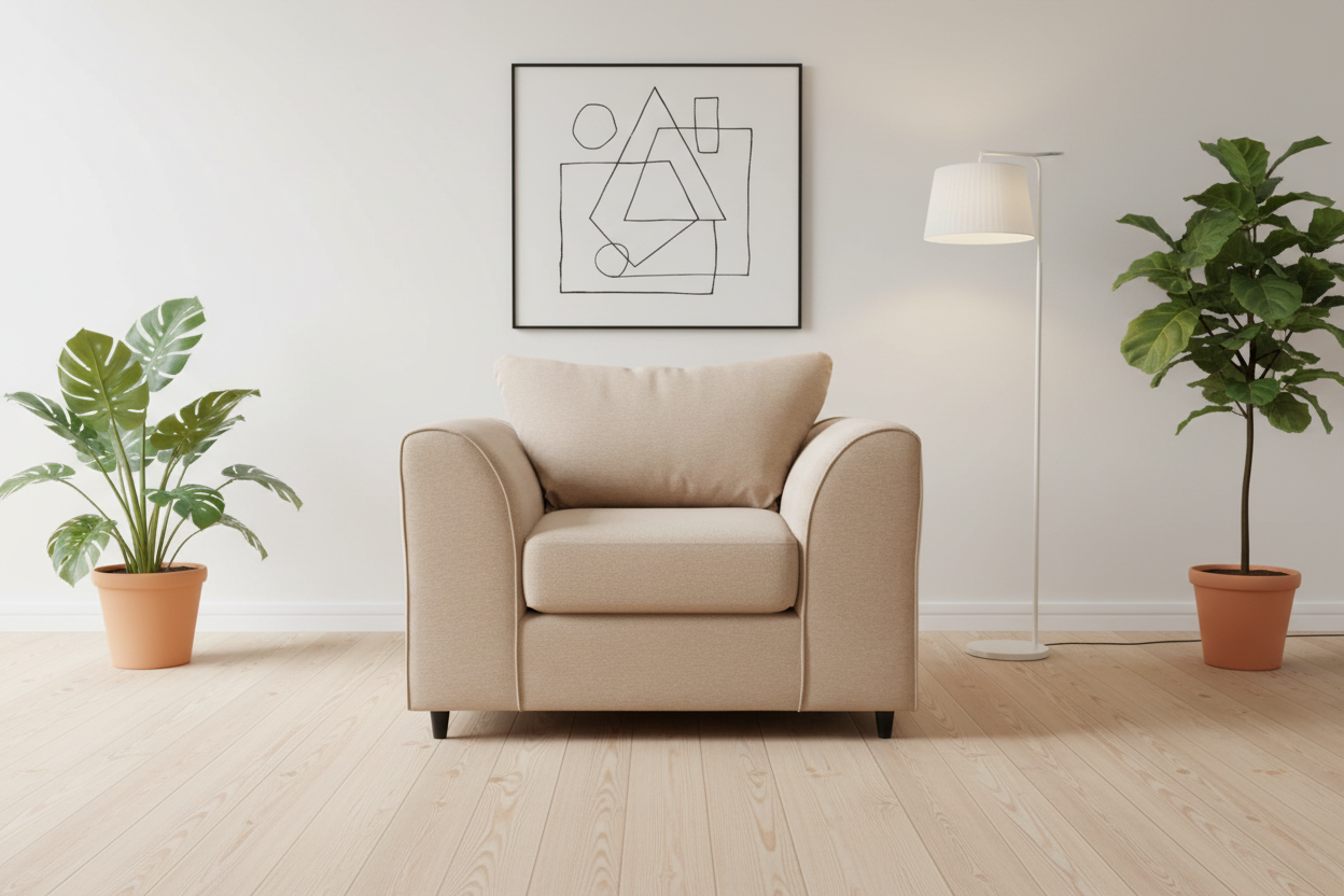 Casper beige chenille armchair in Scandinavian interior