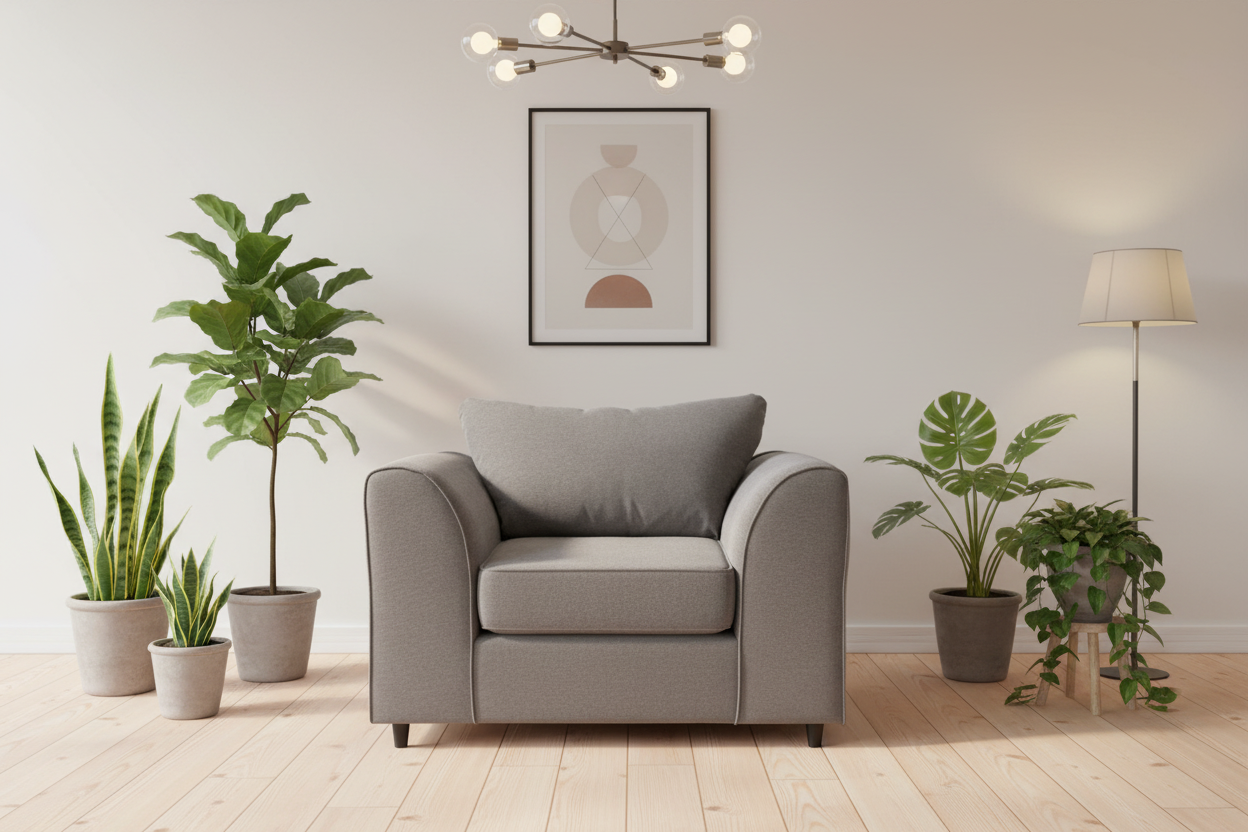 Casper grey chenille armchair in Scandinavian interior