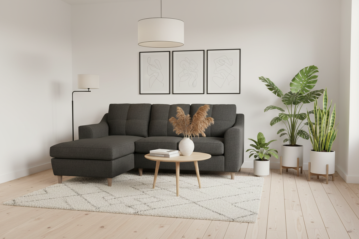 Charcoal sectional sofa left-hand facing in Scandinavian interior