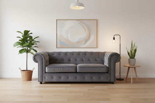 Grey 3-seater Chesterfield sofa in styled interior