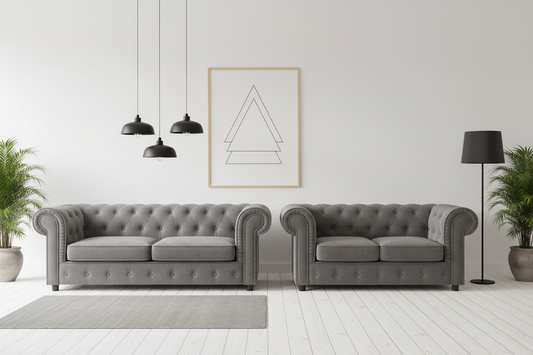 Grey Chesterfield 3-seater and 2-seater sofas side by side