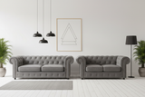 Grey Chesterfield 3-seater and 2-seater sofas side by side
