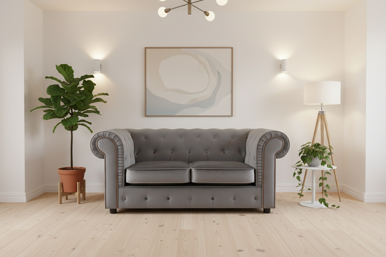 Grey Chesterfield sofa with interior lighting