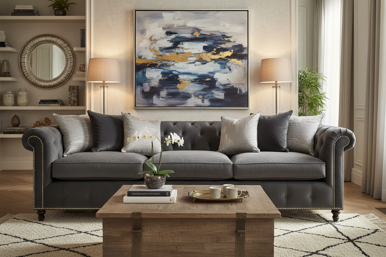 Grey Velvet 3 Seater Sofa in Stunning Room