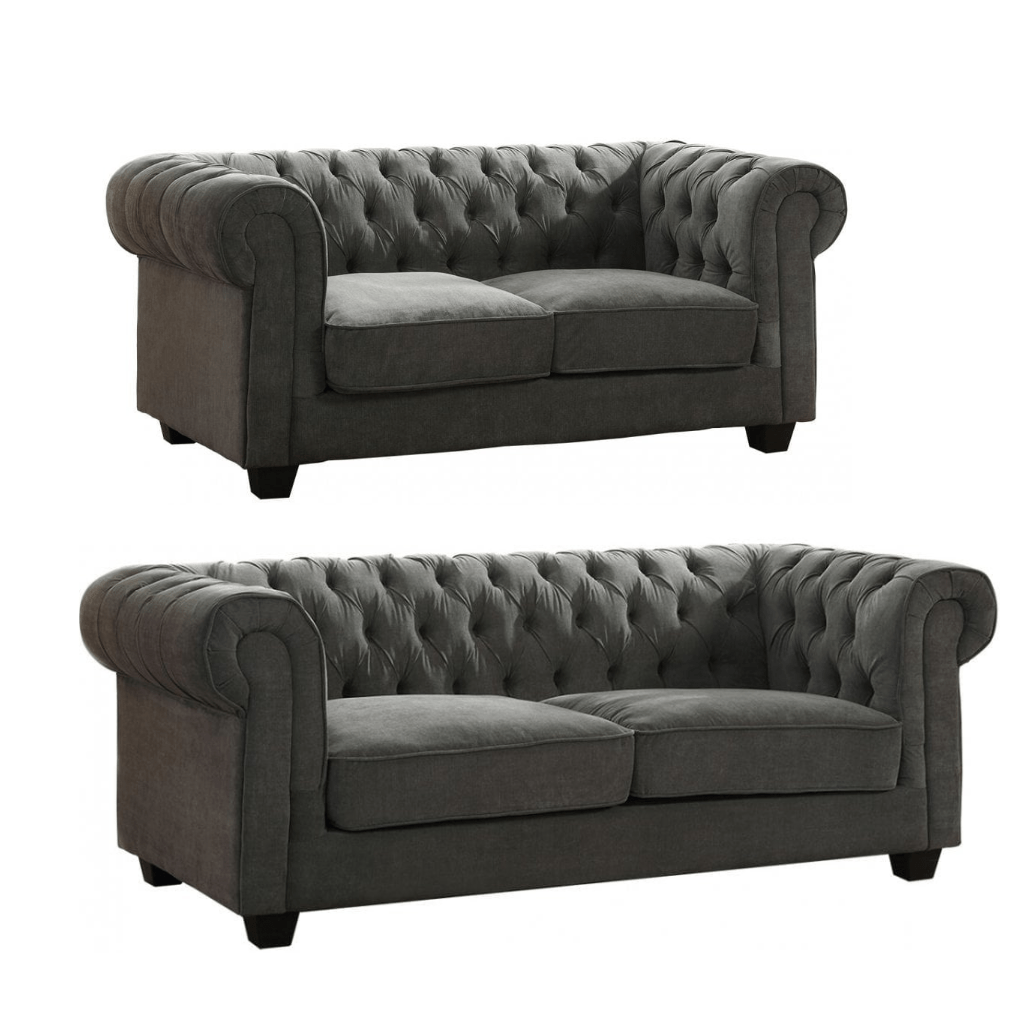 Chesterfield Grey Fabric 3+2 Seater Sofa Set