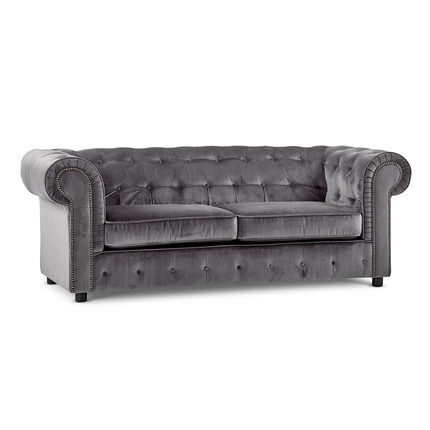 Gray velvet sofa with buttoned backrest on a white background