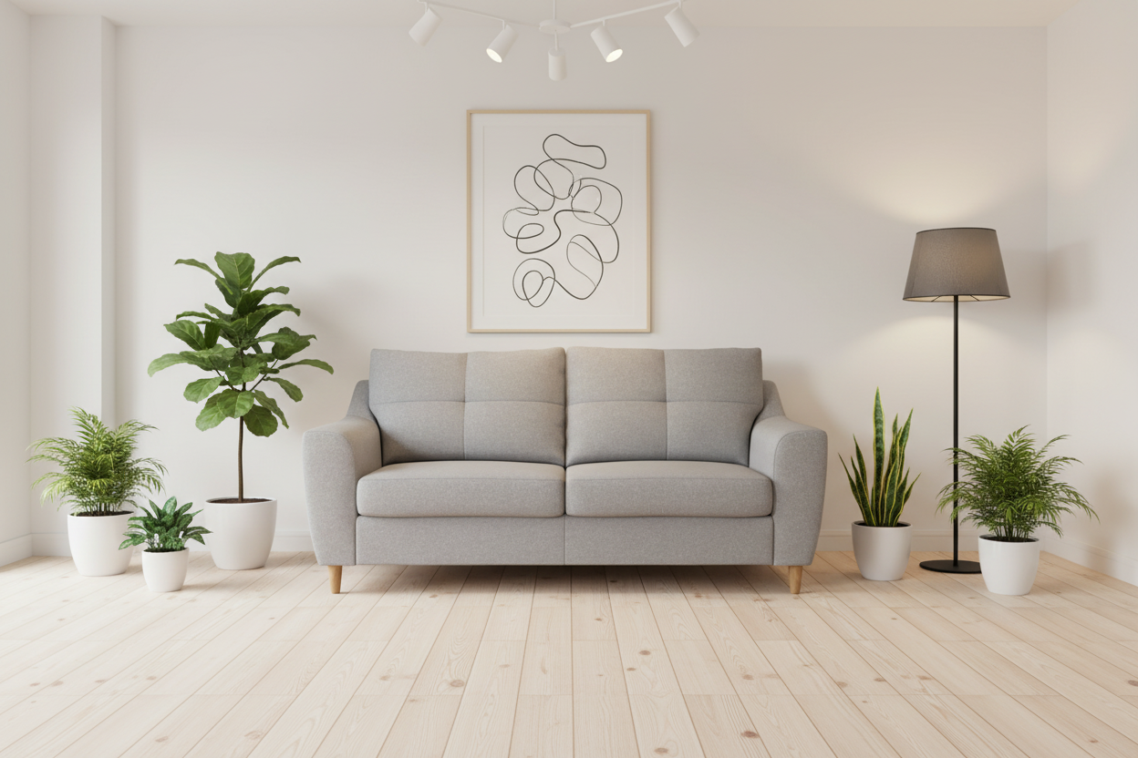 Silver modern 3-seater sofa in Scandinavian interior
