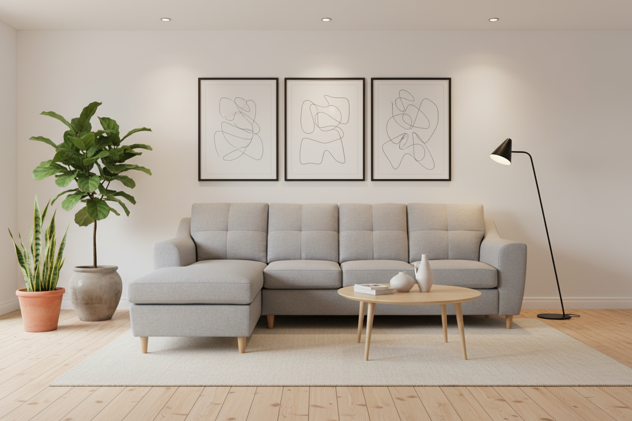 Silver sectional sofa left-hand facing in Scandinavian interior